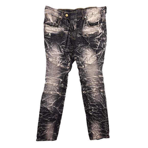 Japanese Acid Wash Men's Moto Jeans Gray Black Wrinkle Wash Size 32 - Picture 1 of 6